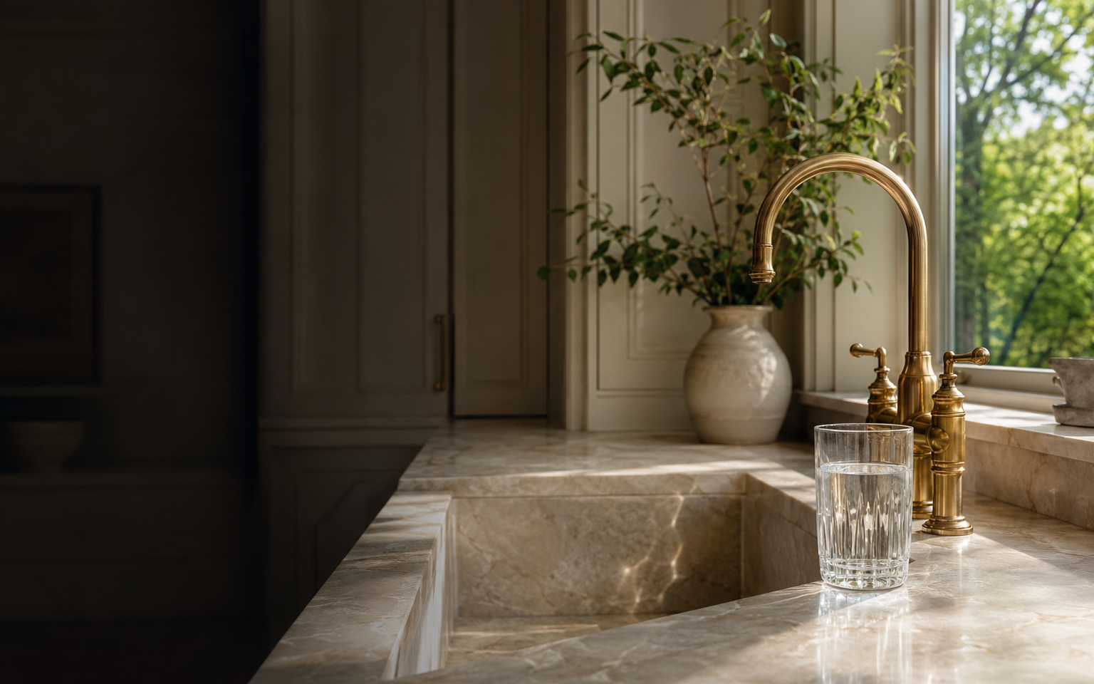 A refined kitchen with a brass faucet and pristine drinking water